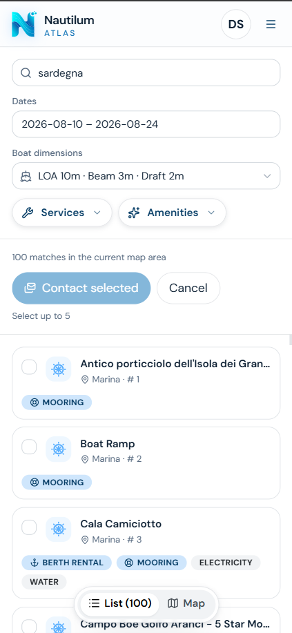 Atlas list — compare marina matches with berths and amenities
