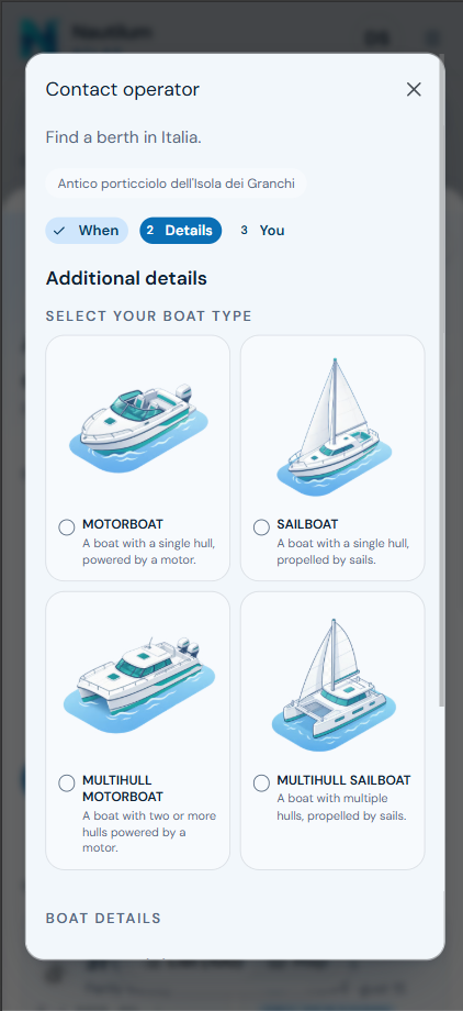 Atlas request flow — contact operators with boat details