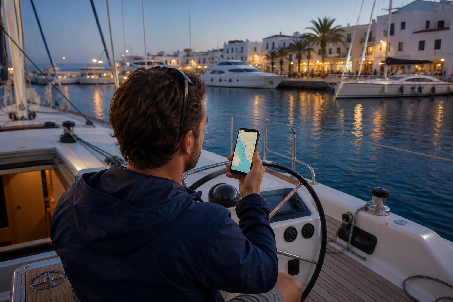 Boater using Atlas on board to find marinas and services